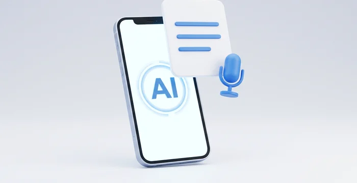스마트폰 옆에 마이크와 통화 내용이 정리된 문서 카드가 떠 있는 3D 일러스트 – AI 자동 녹음·텍스트 변환·요약
