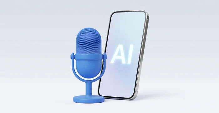 블루 마이크와 스마트폰이 나란히 놓인 3D 일러스트 – 아이폰(iPhone 12 이상)도 통화 자동 녹음