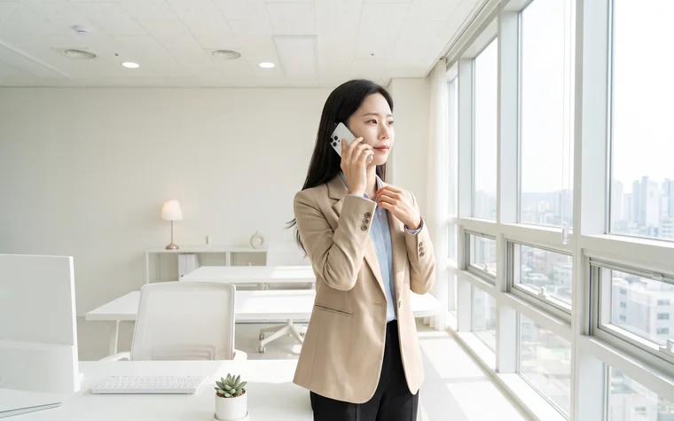 밝은 사무실 창가에서 스마트폰으로 통화하는 직장인 – 아이폰에서도 통화 자동 녹음
