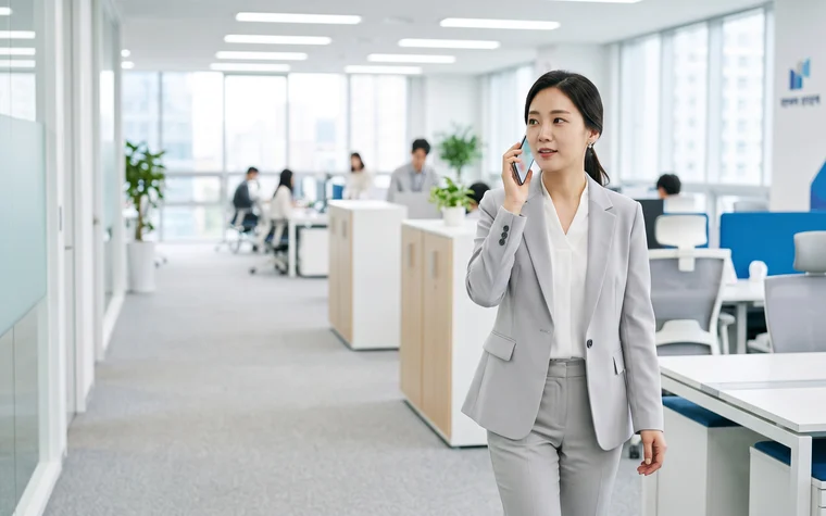 모던한 오피스에서 스마트폰으로 통화하며 이동하는 정장 차림 직원 – 금융·보험 추천 업종