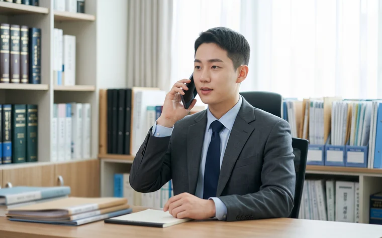 법률 서적이 놓인 사무실에서 스마트폰으로 통화하는 전문직 – 법무·세무 추천 업종