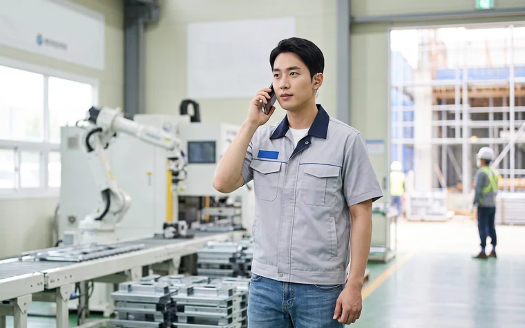 공장 현장에서 작업복 차림으로 스마트폰 통화하는 관리자 – 제조·건설 추천 업종