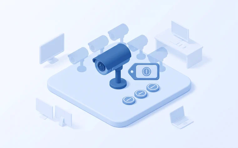CCTV 카메라 한 대와 가격표 태그·동전이 놓이고 동일한 카메라가 반복 배치된 3D 아이소메트릭 일러스트 – 대당 월 12,000원 고정 요금