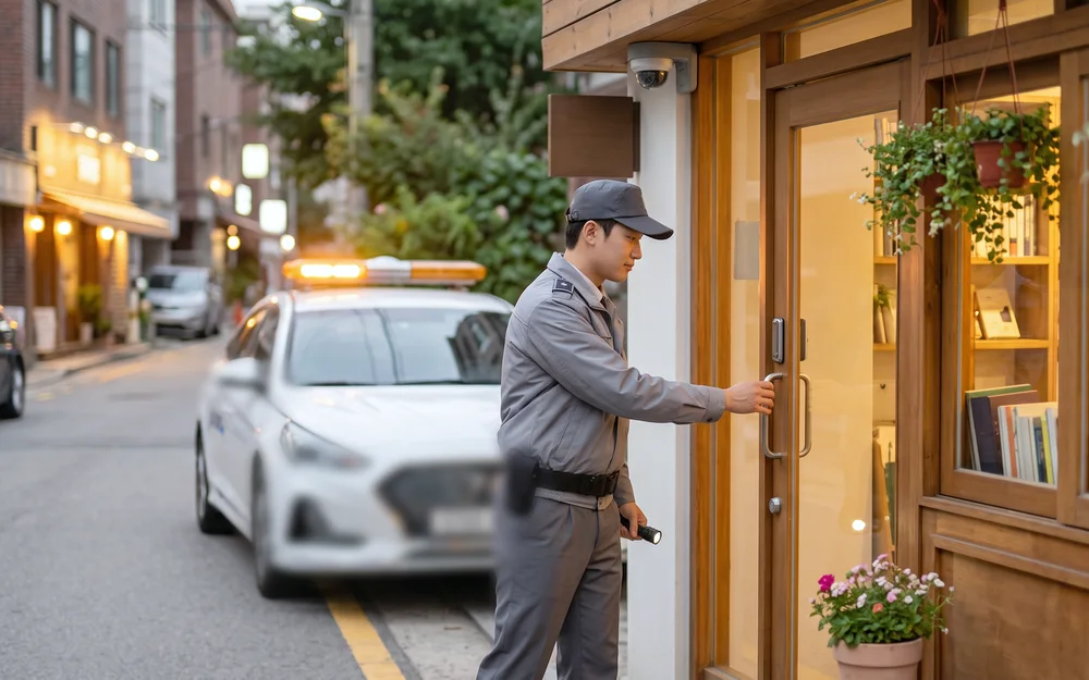 저녁 시간 상점 앞에서 보안 담당자가 출입문을 점검하고 뒤편에 경광등을 켠 출동 차량이 대기하는 모습