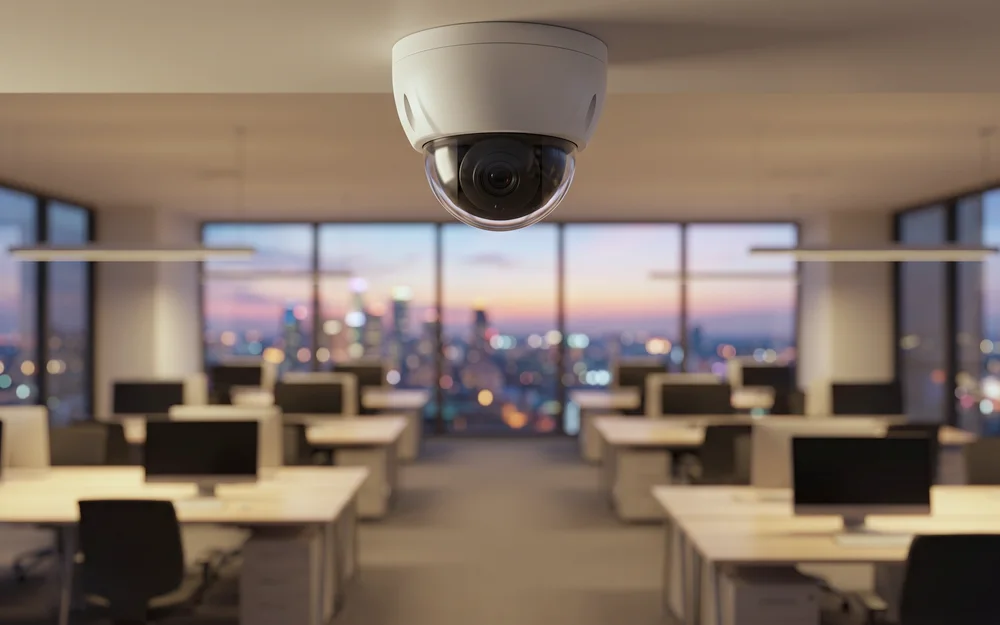 퇴근 후 조명이 낮게 켜진 사무실 천장에 설치된 돔형 CCTV 카메라와 아웃포커스된 빈 책상들