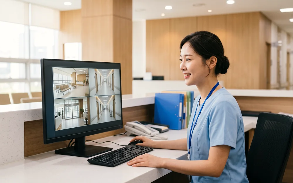 병원 리셉션 데스크에서 직원이 4분할 CCTV 화면이 표시된 PC 모니터로 원내를 확인하는 모습