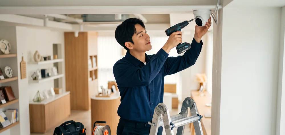 작업복 차림의 설치 기사가 사다리 위에서 천장에 CCTV 카메라를 설치하는 장면