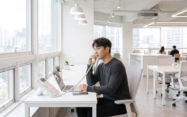 공유오피스에서 노트북 옆 유선전화로 통화하는 창업자 – 1인 기업·스타트업 활용