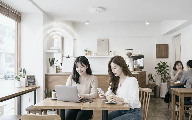 카페 천장에 설치된 무선 AP 아래에서 노트북과 스마트폰을 사용하는 손님들 – 매장인터넷·무선인터넷