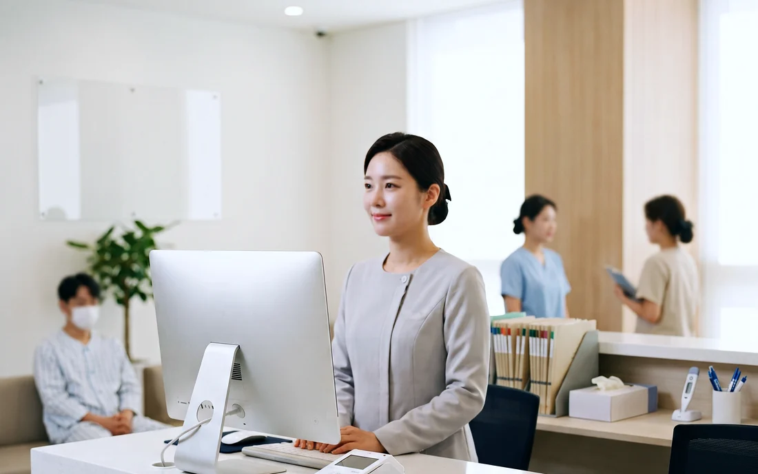 병원 접수 데스크의 PC와 카드결제 단말기