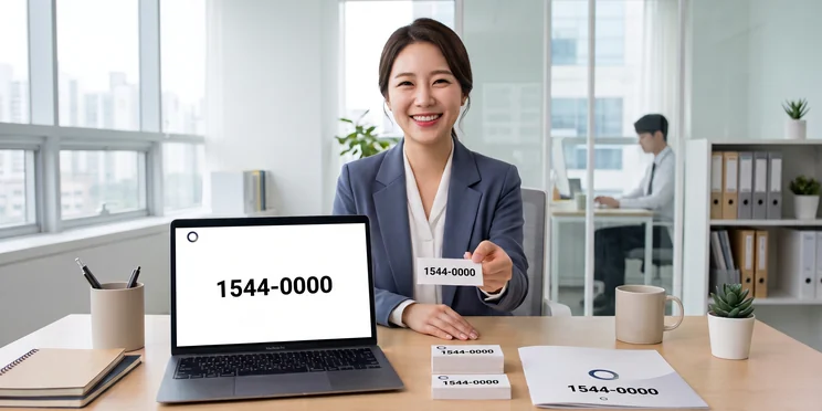 노트북 화면과 명함에 표시된 대표번호 – 하나의 대표번호로 통합