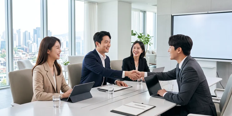 회의실에서 악수하며 계약을 맺는 비즈니스 미팅 – 대표번호로 높이는 기업 신뢰