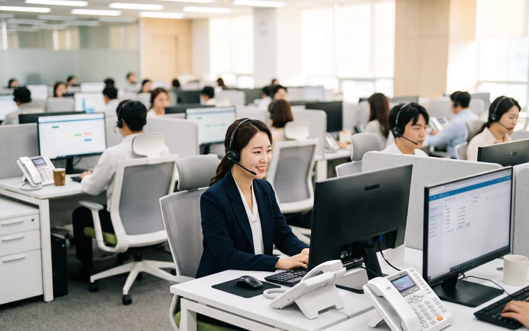 헤드셋을 착용한 상담원들이 응대하는 콜센터 플로어 – 콜센터·쇼핑몰 대표번호·ARS 활용