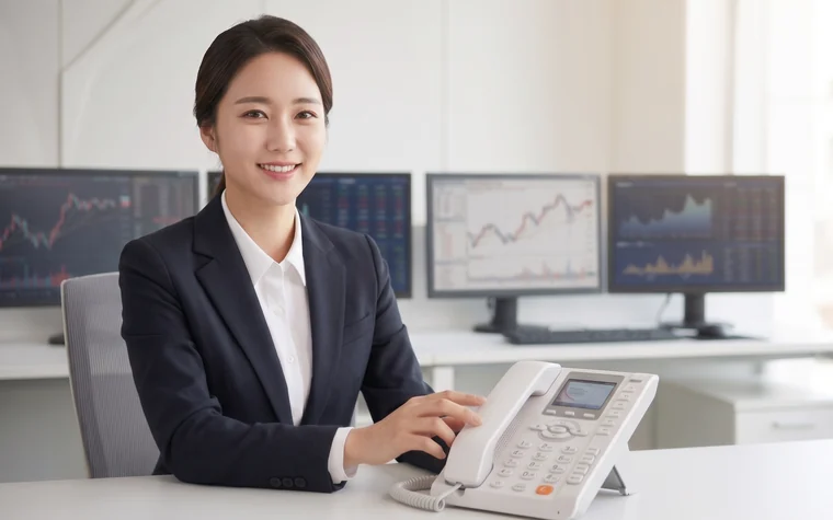 시세 모니터 앞에서 유선전화기로 응대하는 금융 상담원 – 금융·보험·증권 대표번호 활용