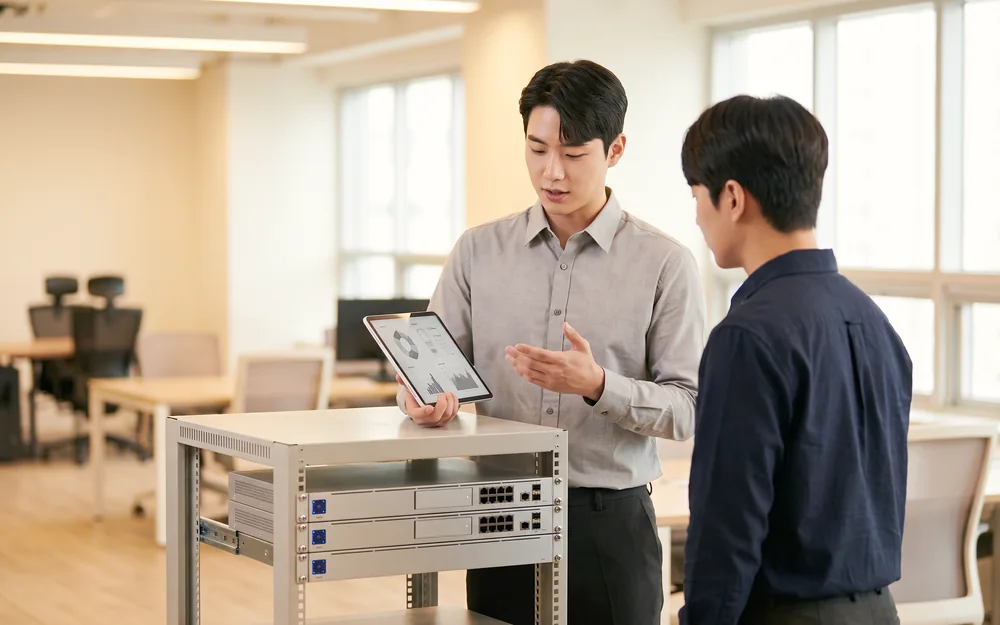 담당자가 태블릿으로 보안 구성을 설명하고 고객사 담당자가 함께 확인하는 모습, 옆에는 UTM 보안 장비가 설치된 소형 랙