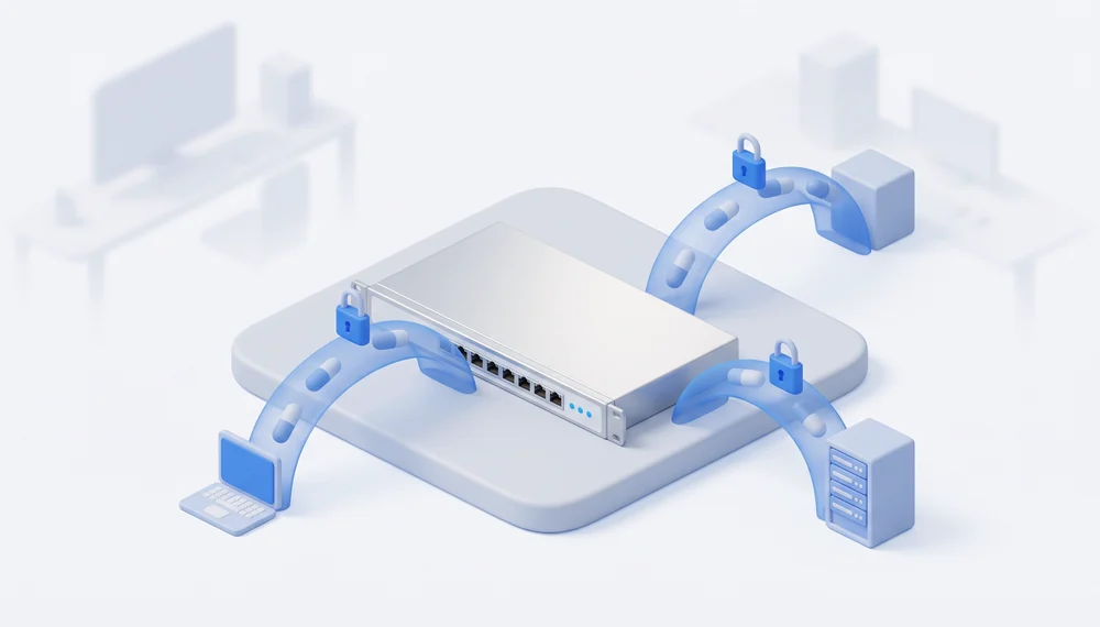 UTM 장비를 중심으로 노트북과 사내 서버가 암호화 터널로 연결된 VPN 개념 일러스트