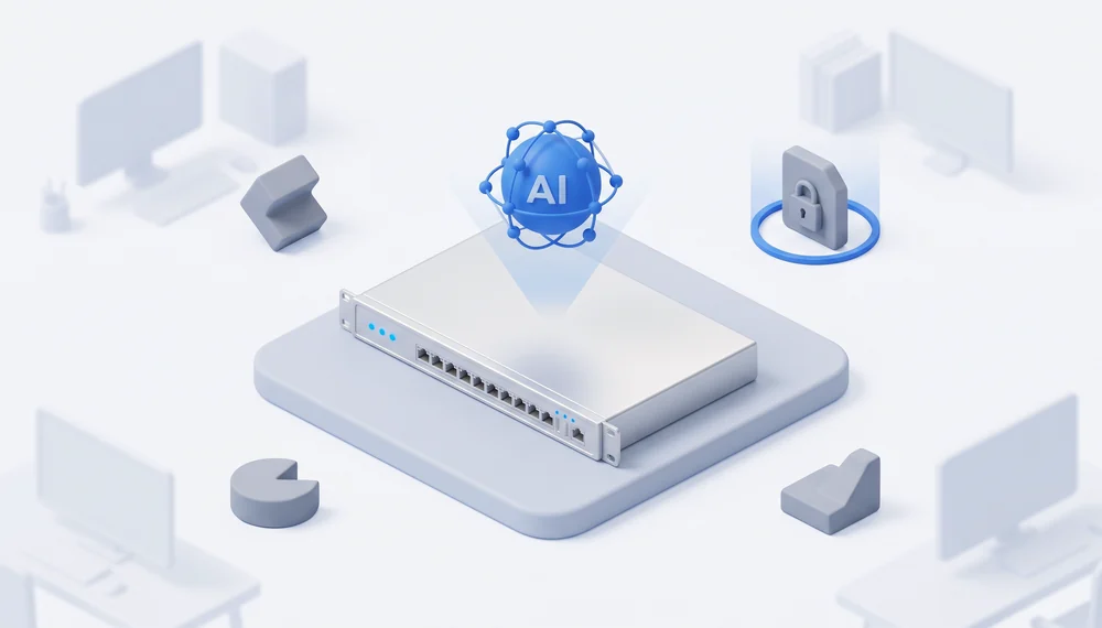 UTM 장비 위 AI 코어가 신·변종 위협을 탐지하는 지능형 위협 탐지 개념 일러스트