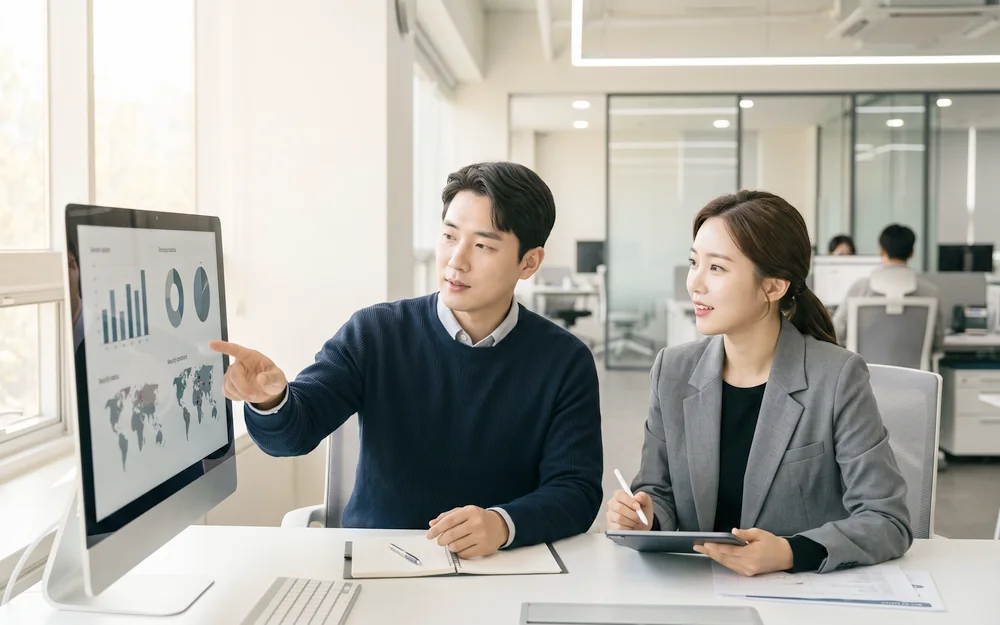 사무실에서 담당자 두 명이 모니터의 보안 현황 화면을 함께 보며 대응 방향을 논의하는 장면