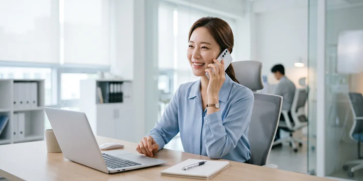밝은 사무실에서 스마트폰으로 편안하게 전화 상담하는 사업자