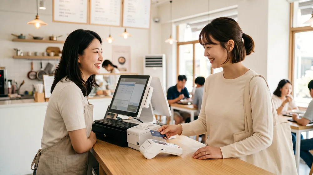 점심 피크타임에도 카드결제가 매끄럽게 완료되는 밝은 매장 계산 장면