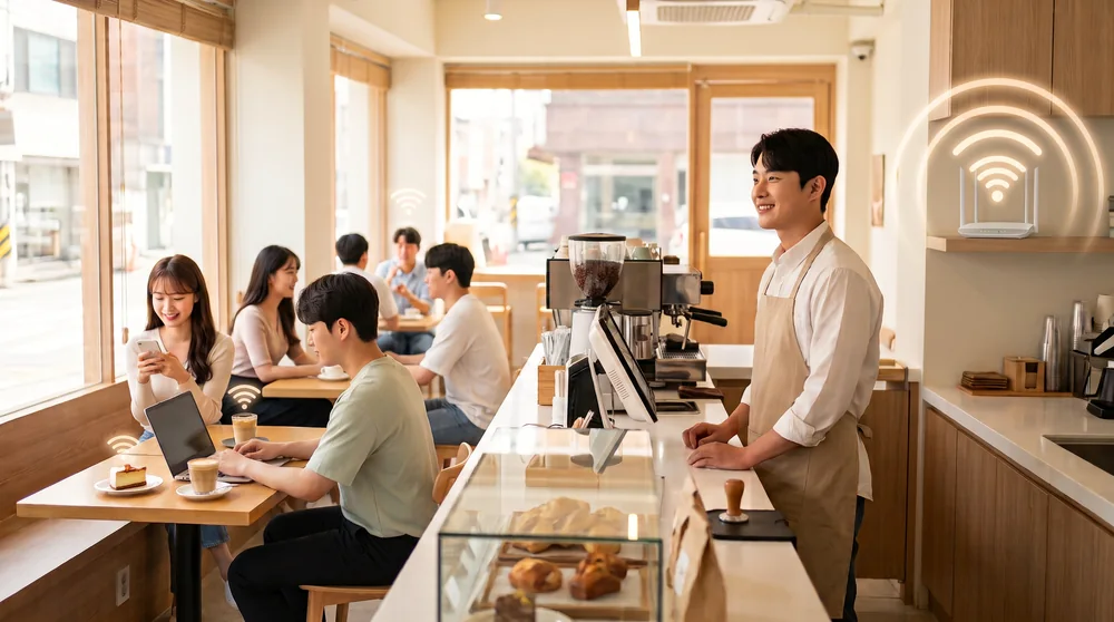 손님들이 끊김 없는 매장 와이파이를 편안하게 이용하는 카페 장면