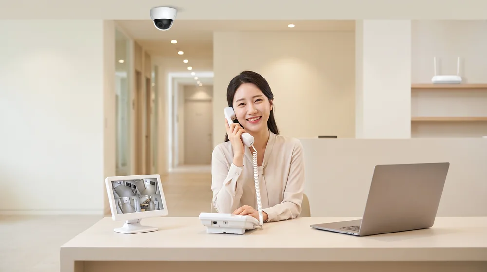 학원 안내데스크에서 유선전화 응대 — 인터넷·전화·CCTV 결합 운영