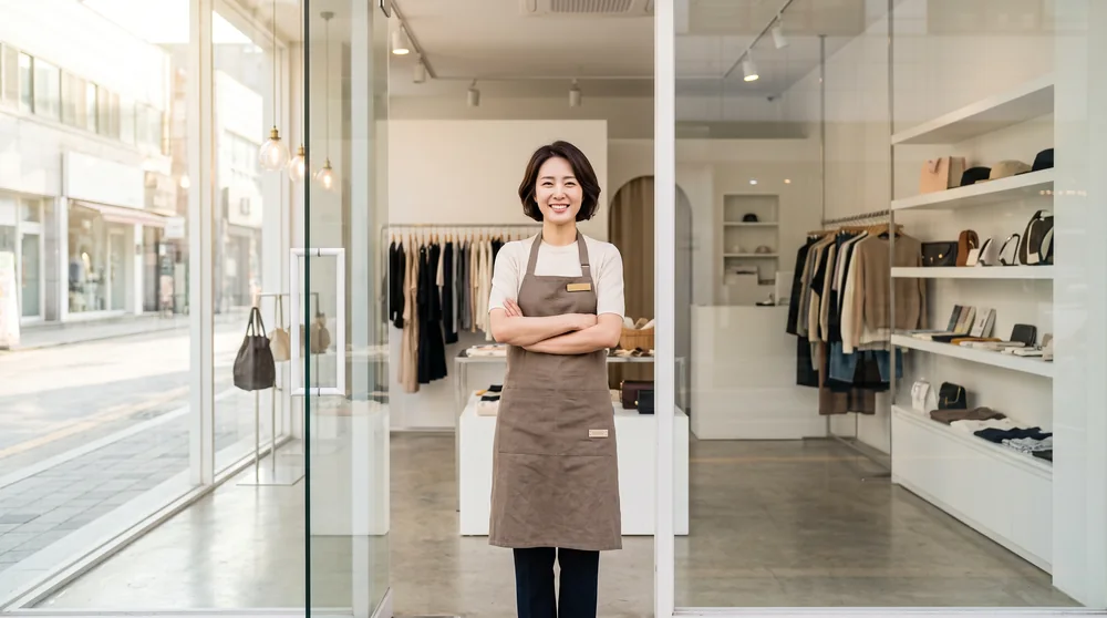 오픈 준비를 마치고 자신감 있게 미소 짓는 매장 사장님