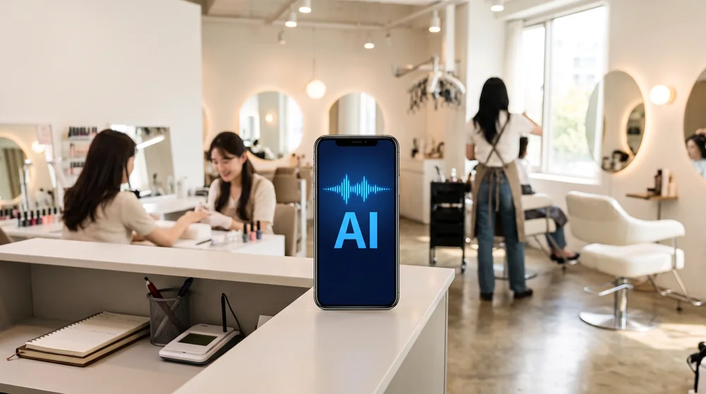 밝은 미용실·네일샵 리셉션 데스크 위 스마트폰 화면에 파란 AI·음성 웨이브 표시, 배경에 시술 중인 직원