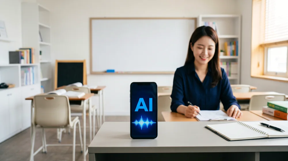 정돈된 학원·교습소 데스크 위 스마트폰 화면에 파란 AI·음성 웨이브 표시, 배경 화이트보드와 상담하는 직원