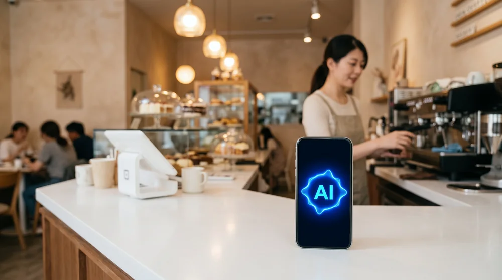 아늑한 카페·디저트 매장 카운터 위 스마트폰 화면에 파란 AI 표시, 배경에 바리스타와 진열된 디저트