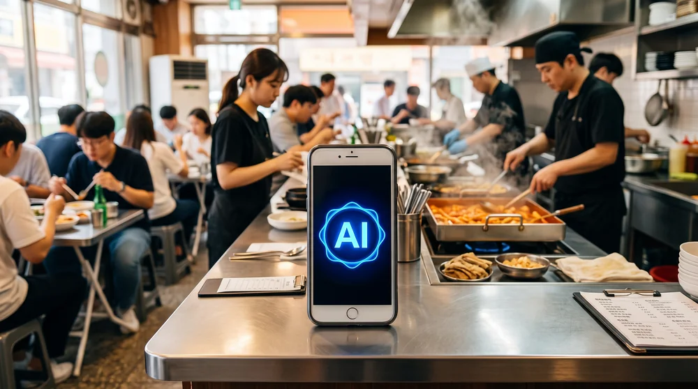 점심 피크타임 분식·식당 카운터 위 스마트폰 화면에 파란 AI 표시, 배경에 손님과 조리 중인 주방
