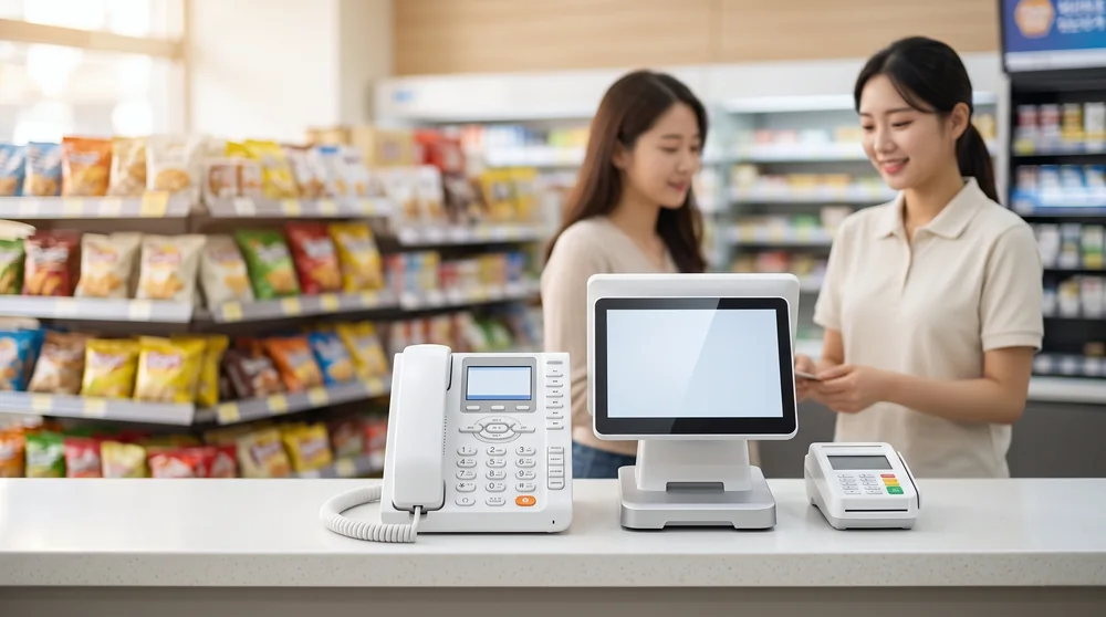 편의점·마트 계산대에 인터넷전화기·포스기·카드단말기 3종, 배경에 계산 중인 직원과 진열대