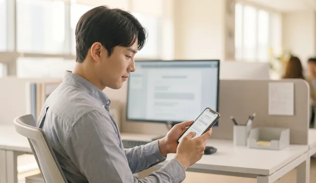 개인 자리에서 스마트폰으로 수신 문서를 확인하는 직장인 – 나만 받는 개인 팩스번호
