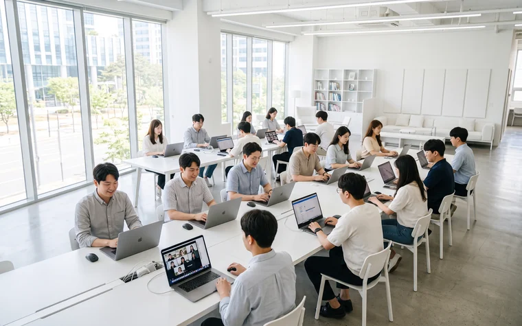 오전 회의 시간대에 직원 여러 명이 동시에 노트북으로 화상회의와 자료 업로드를 하며 막힘 없이 업무 중인 사무실