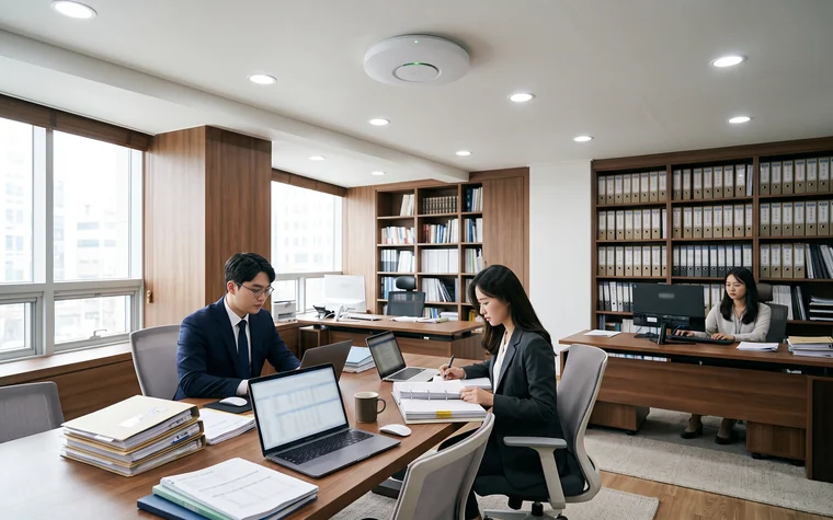 천장에 무선 AP가 설치된 법무·세무·회계 사무소에서 노트북과 서류로 업무 중인 전문가들