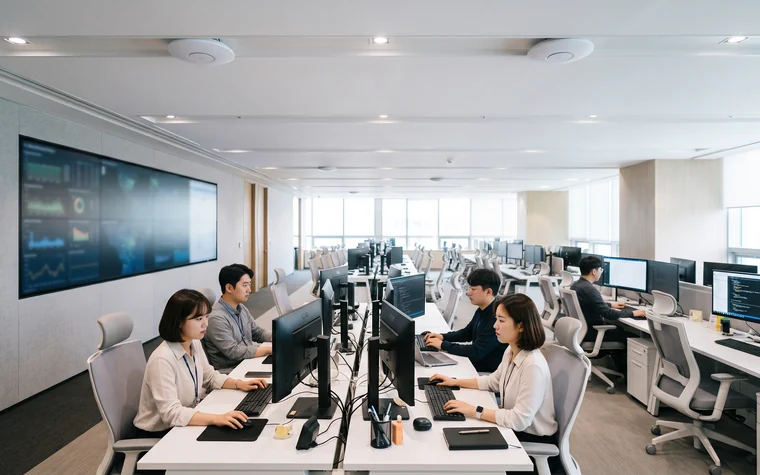 천장에 무선 AP 여러 대가 설치된 IT·금융 기업의 대규모 오픈 오피스